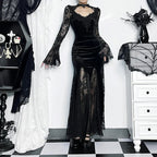 Delicate Fishtail Hollow V-neck Midi Dress Black / S