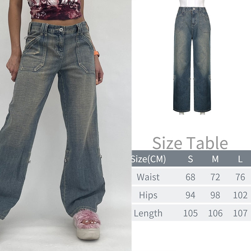 Cargo Baggy Wide-Leg Jeans with Low Waist
