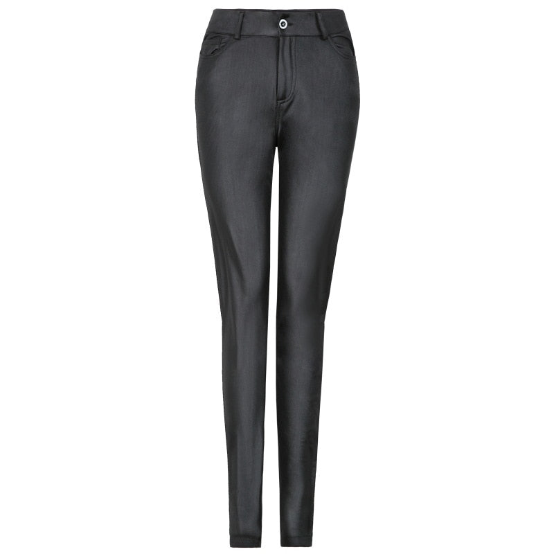 Faux-Leather High-Rise Pencil-Cut Pants with Button Details