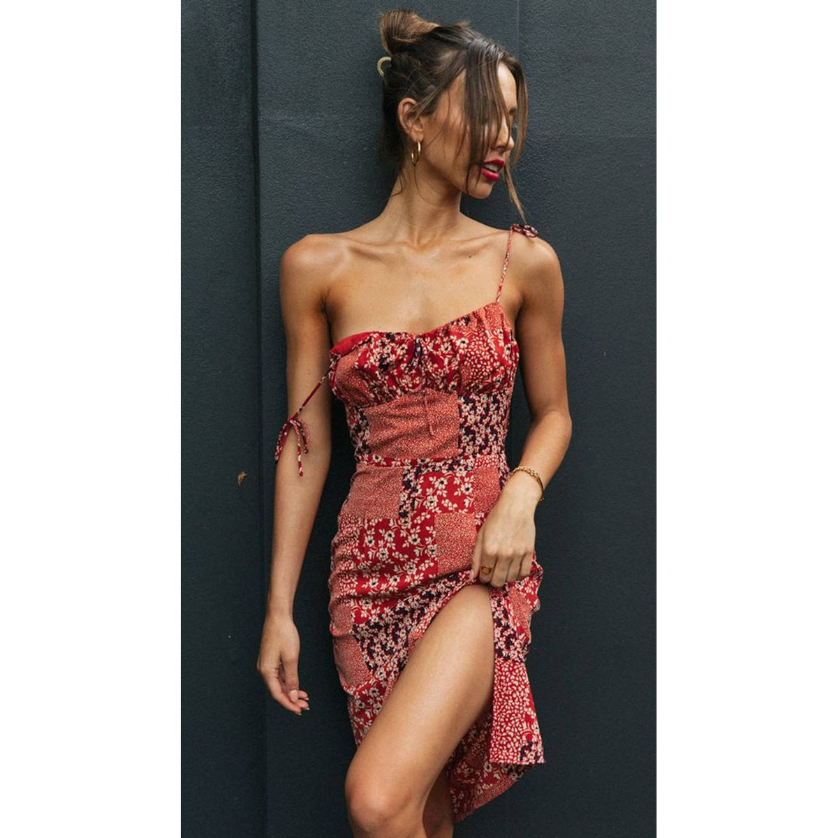Panelled Adjustable-Strap Dress with V-Neckline