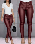 Faux-Leather High-Rise Pencil-Cut Pants with Button Details