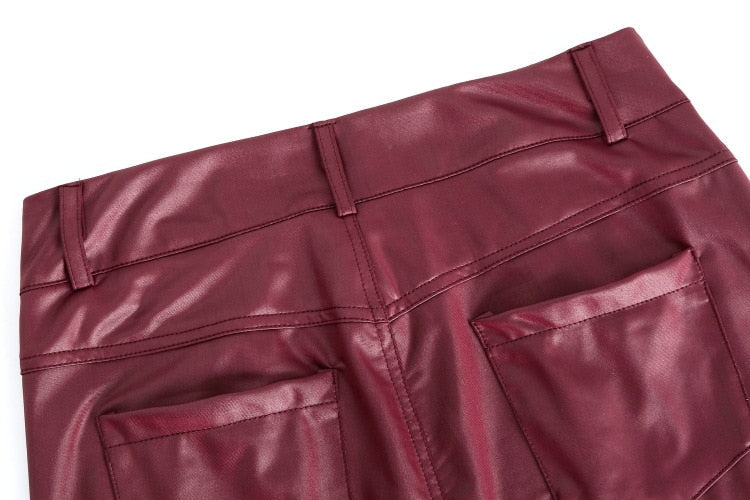 Faux-Leather High-Rise Pencil-Cut Pants with Button Details