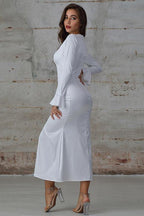 Long-Sleeve Polyester Maxi Dress with Plaid Patterning