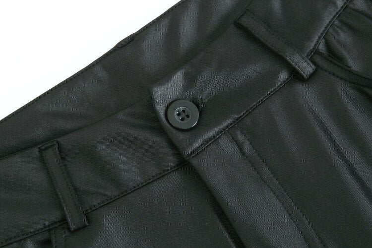 Faux-Leather High-Rise Pencil-Cut Pants with Button Details