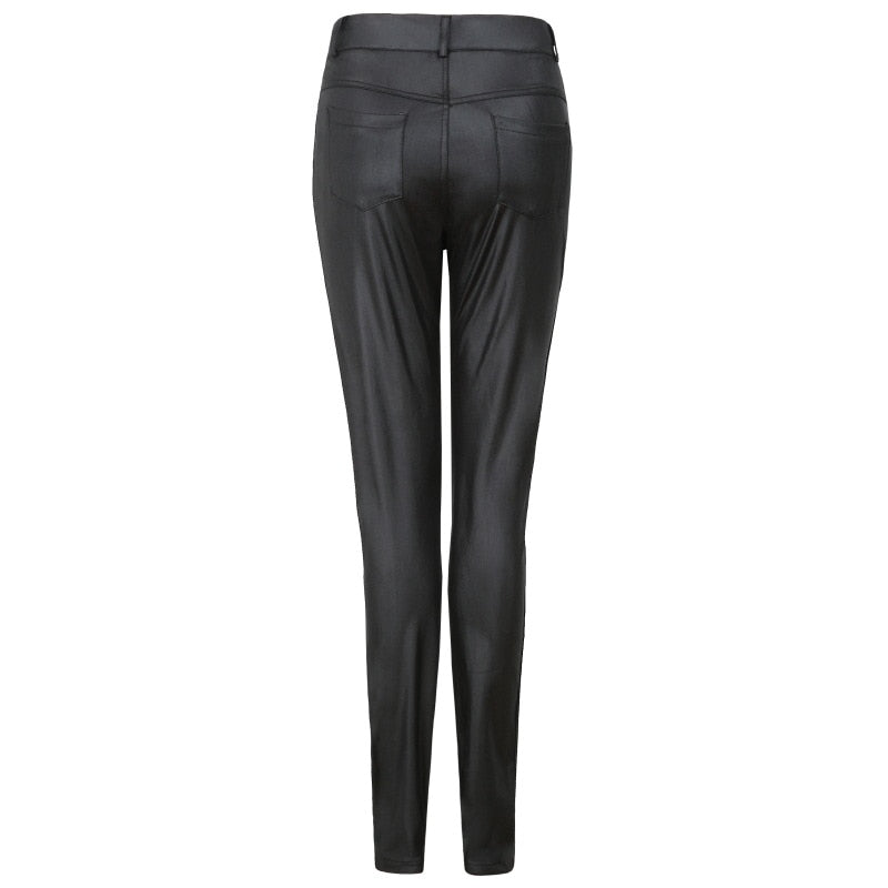 Faux-Leather High-Rise Pencil-Cut Pants with Button Details