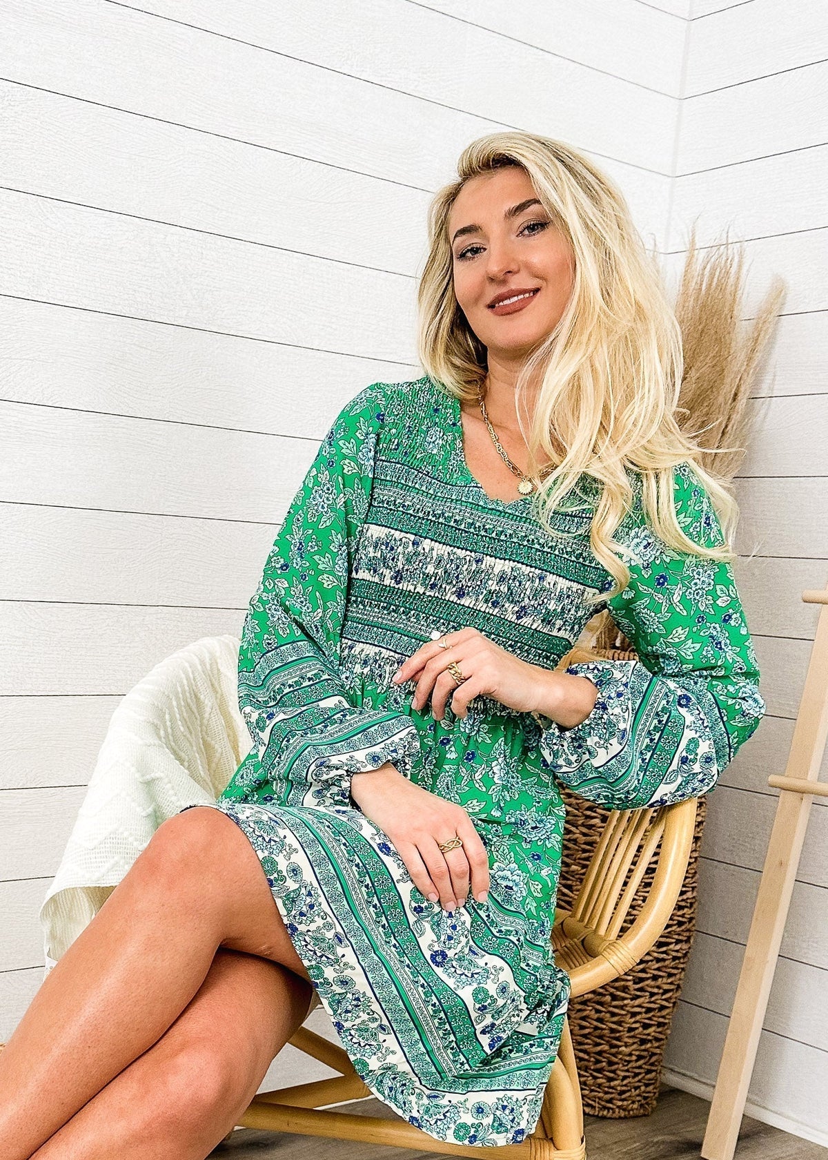 V-Neck Polyester Dress with Boho Styling