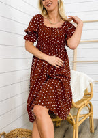 Polka-Dot Square-Neck Puff-Sleeve Dress