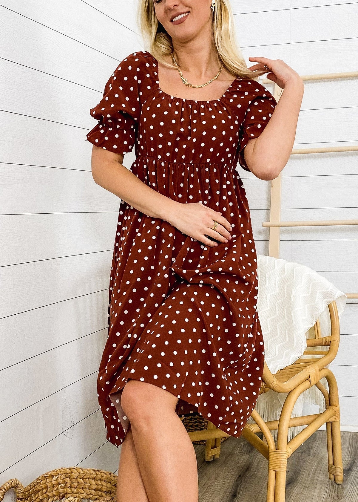 Polka-Dot Square-Neck Puff-Sleeve Dress