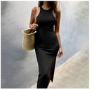 High-Slit Cotton Midi Dress with Cross Details