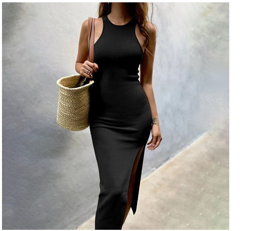 High-Slit Cotton Midi Dress with Cross Details