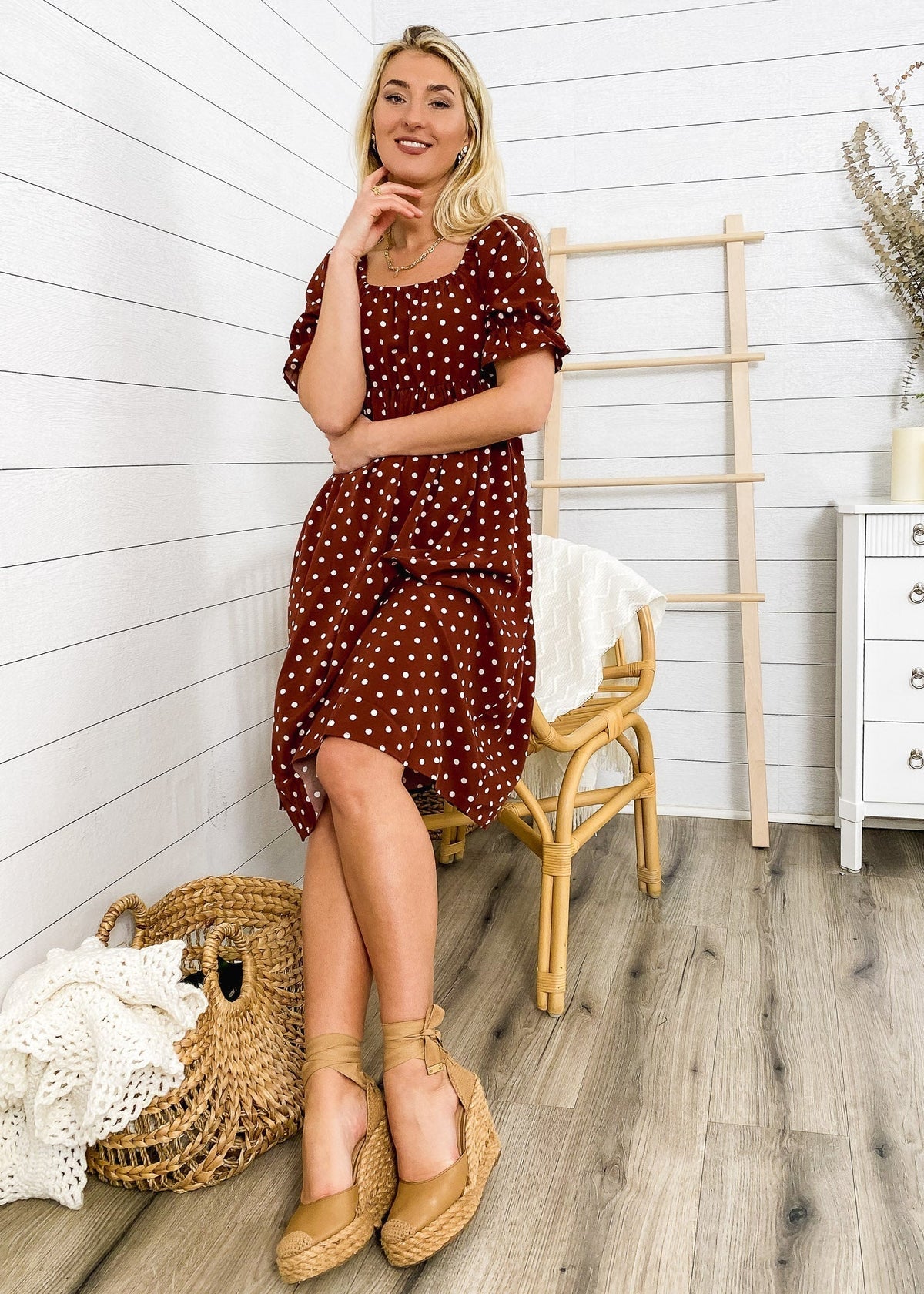 Polka-Dot Square-Neck Puff-Sleeve Dress