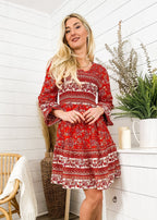 V-Neck Polyester Dress with Boho Styling