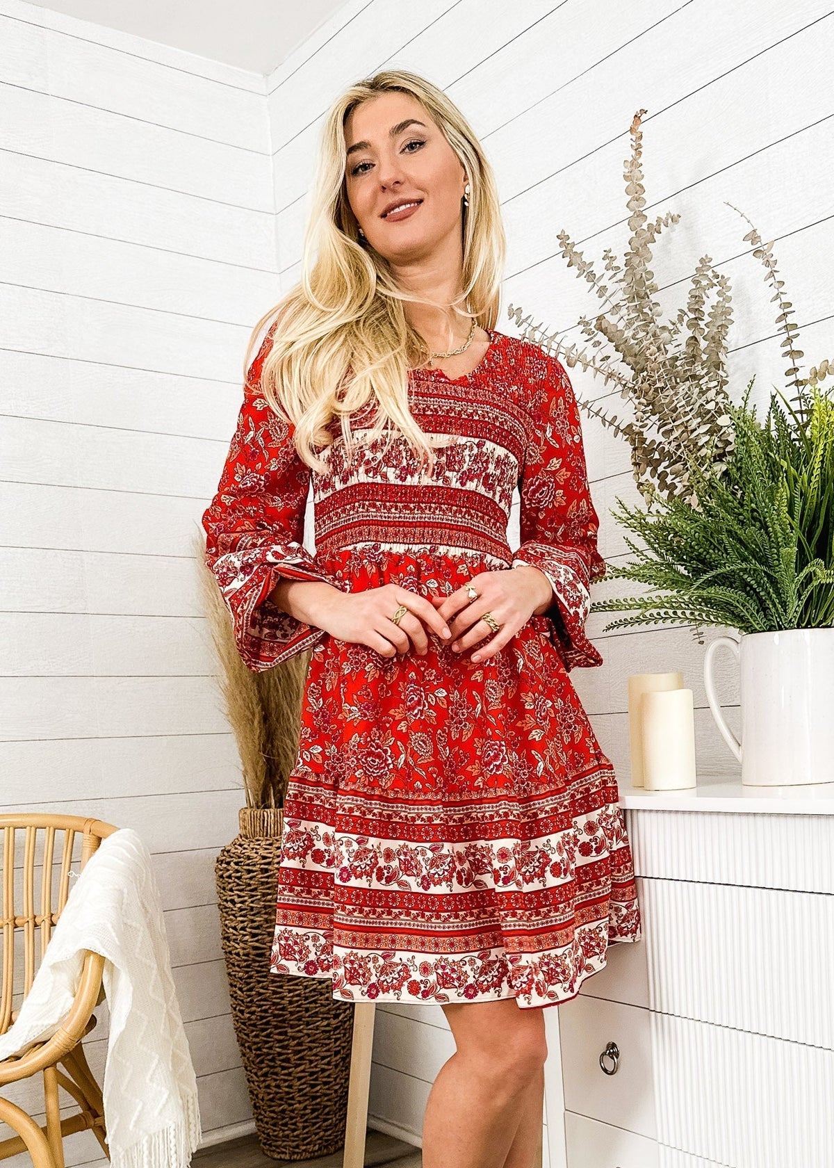 V-Neck Polyester Dress with Boho Styling