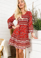 V-Neck Polyester Dress with Boho Styling