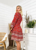 V-Neck Polyester Dress with Boho Styling