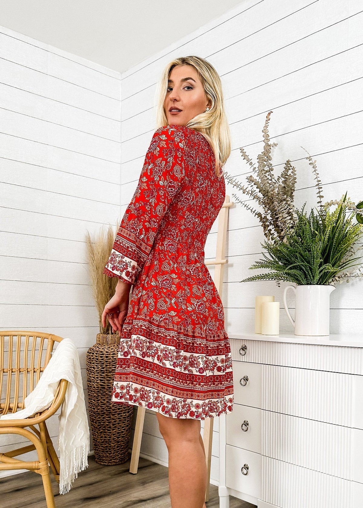 V-Neck Polyester Dress with Boho Styling