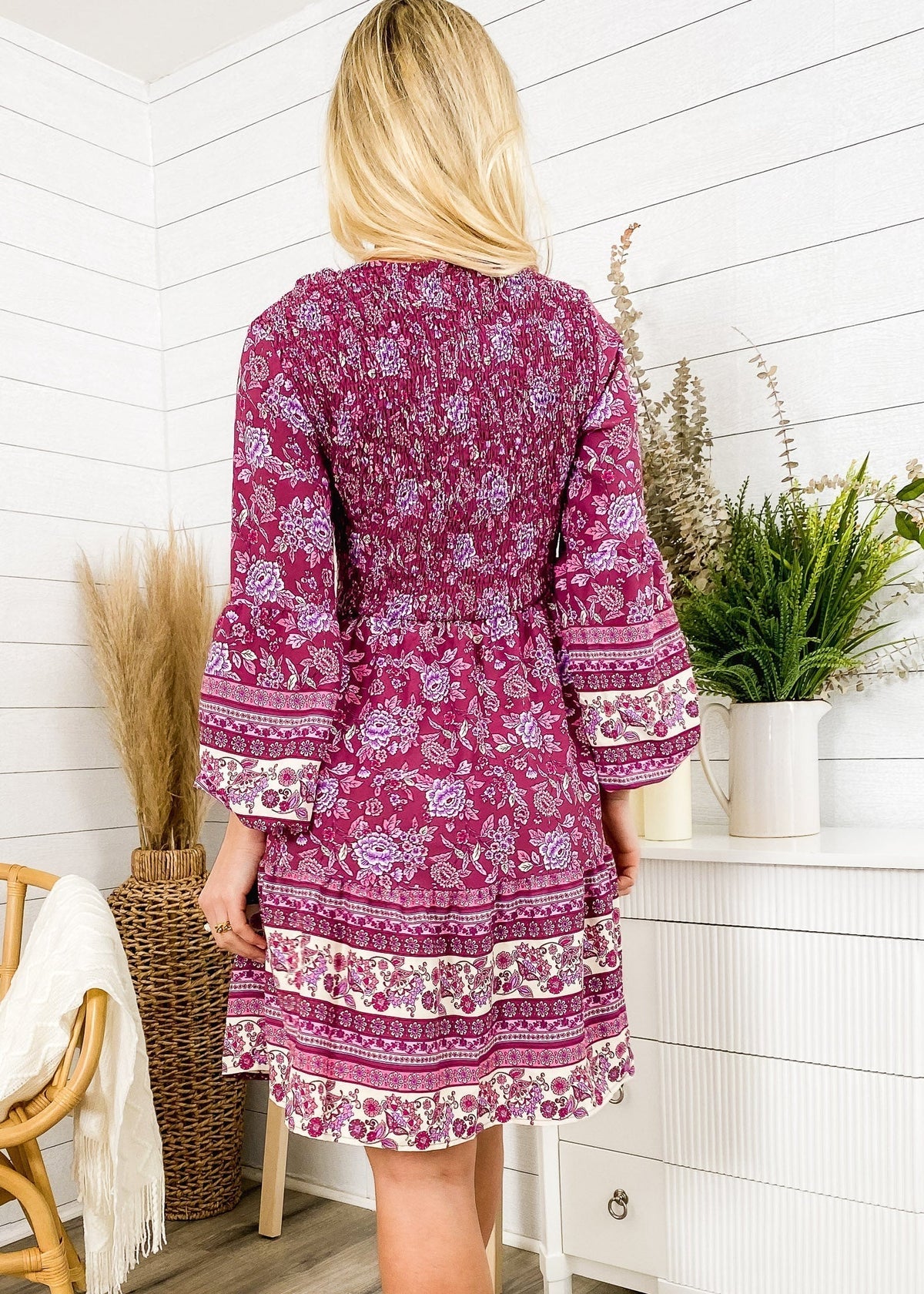 V-Neck Polyester Dress with Boho Styling
