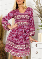 V-Neck Polyester Dress with Boho Styling