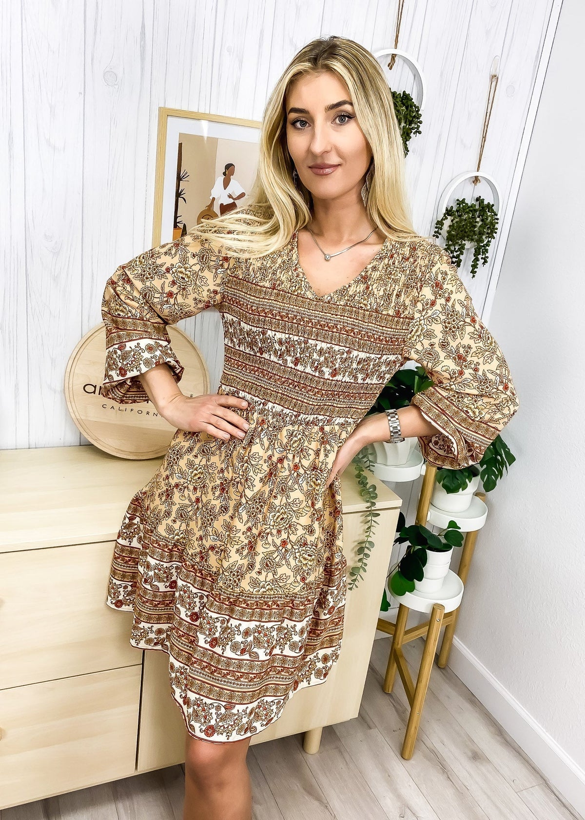 V-Neck Polyester Dress with Boho Styling