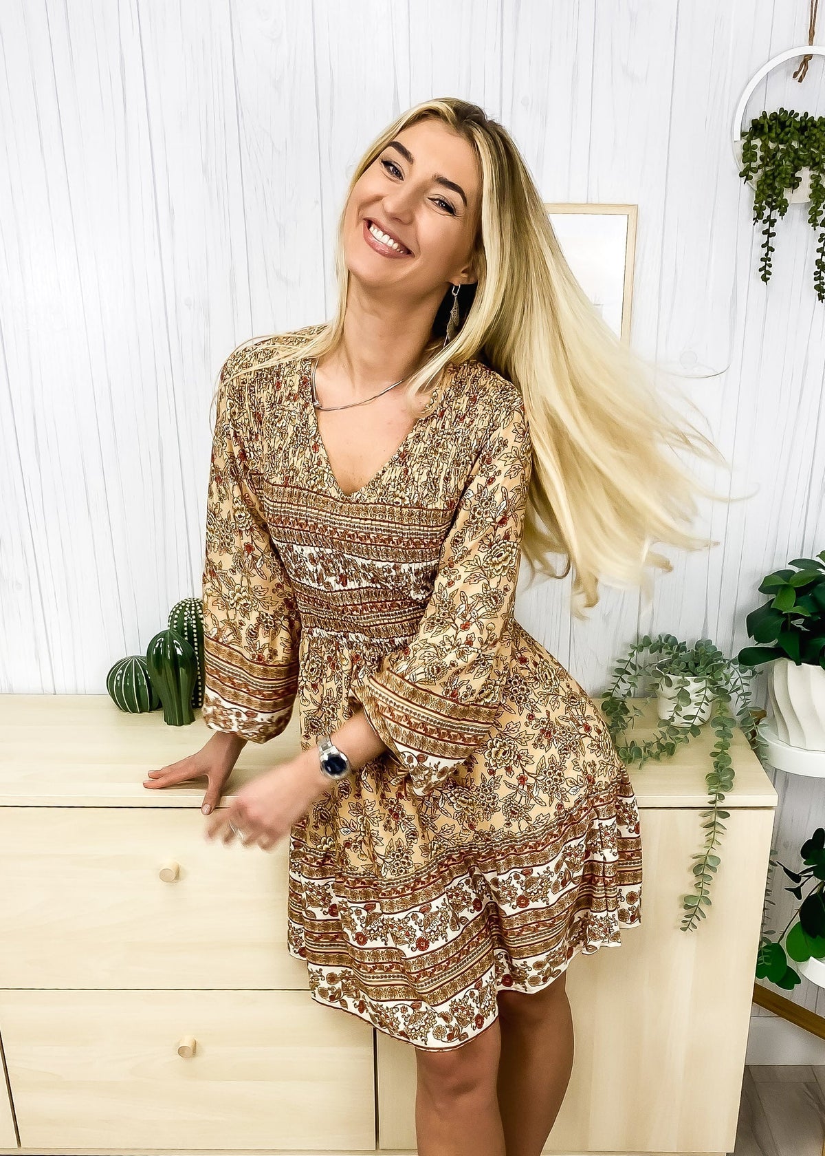 V-Neck Polyester Dress with Boho Styling
