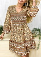 V-Neck Polyester Dress with Boho Styling