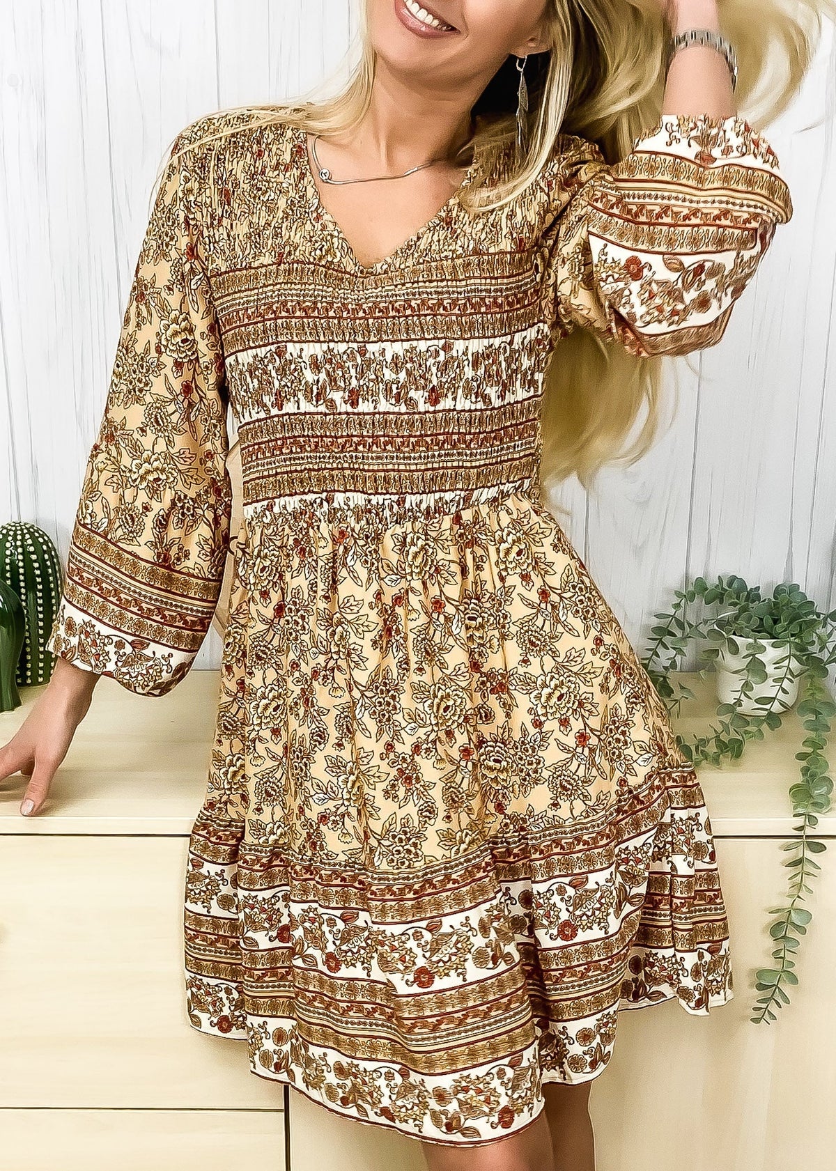 V-Neck Polyester Dress with Boho Styling