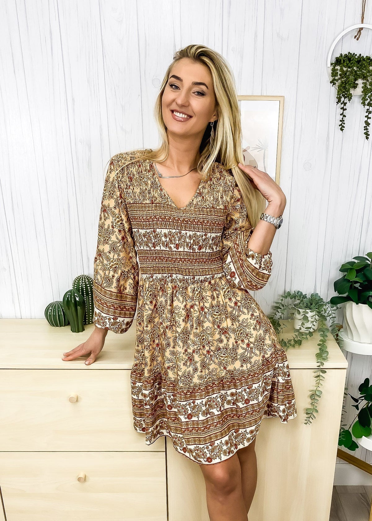 V-Neck Polyester Dress with Boho Styling