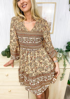 V-Neck Polyester Dress with Boho Styling
