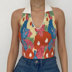 Floral Textured Contrast-Detail Cropped Top