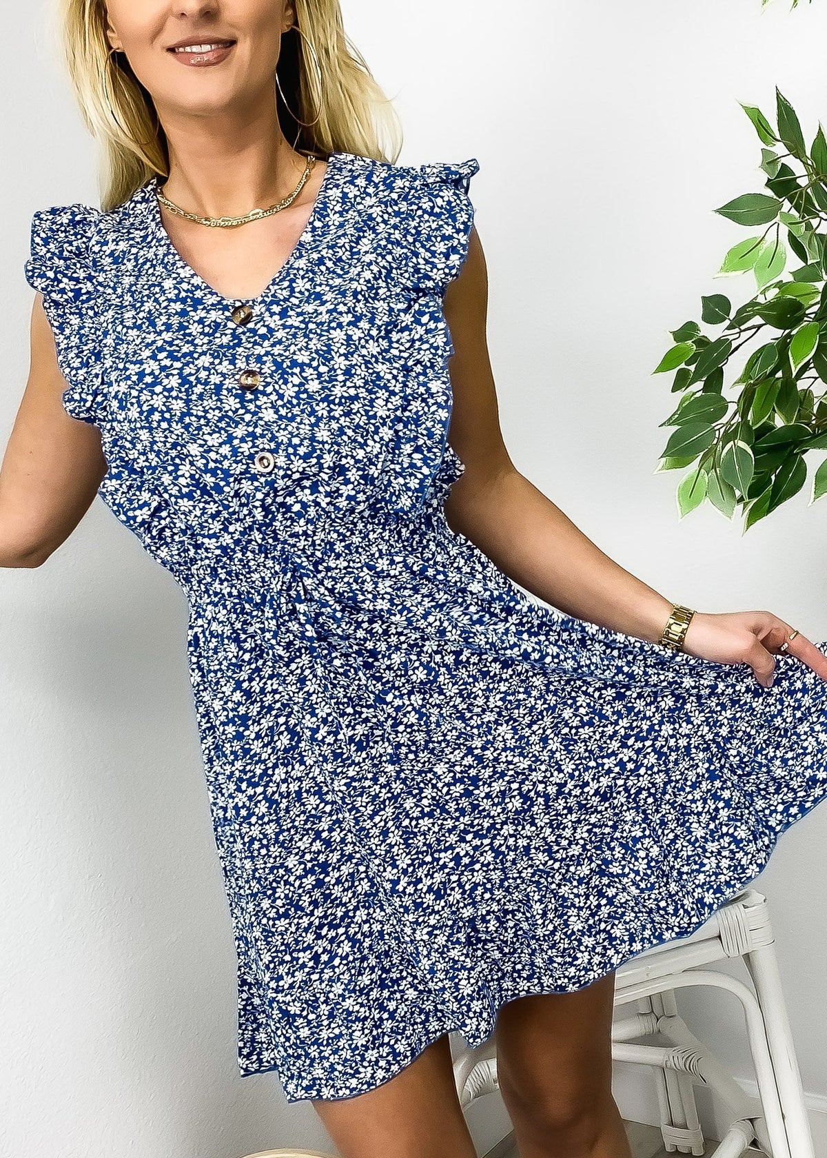 Floral Polyester Dress with V-Neckline
