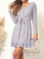 Button-Detail Textured Dress with V-Neckline