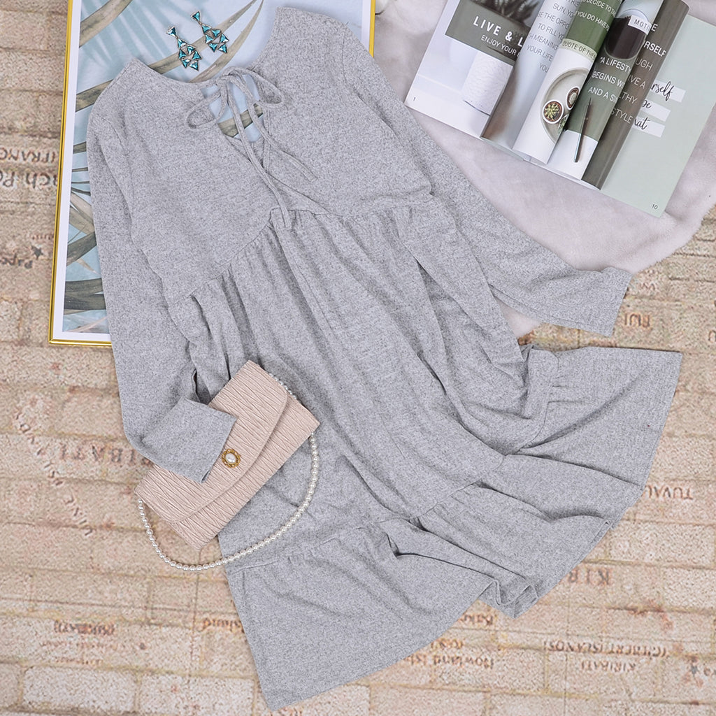 Long-Sleeve Solid-Color Dress with Layered Details