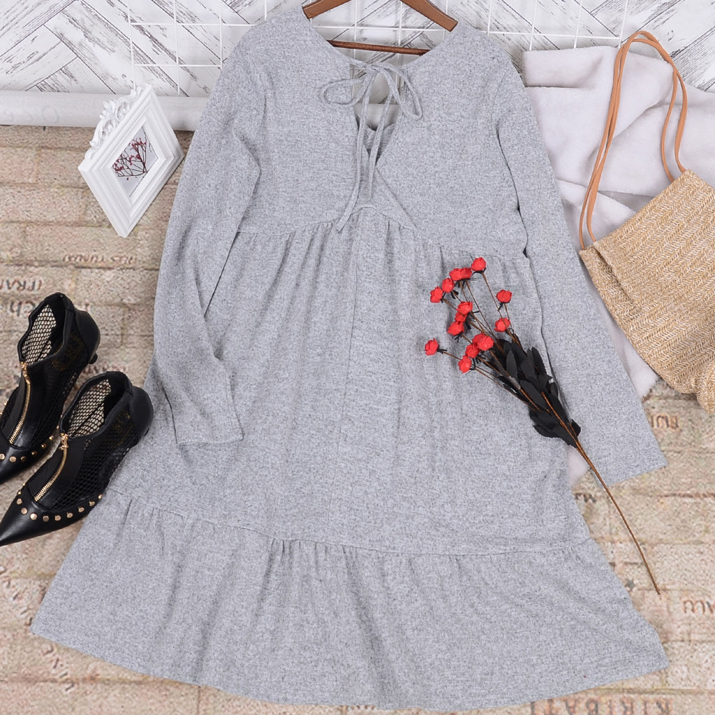 Long-Sleeve Solid-Color Dress with Layered Details