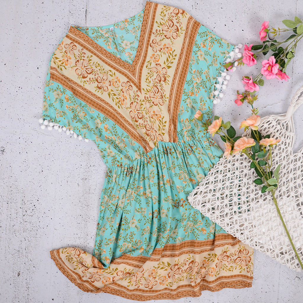 V-Neck Printed Dress with Gathered Details