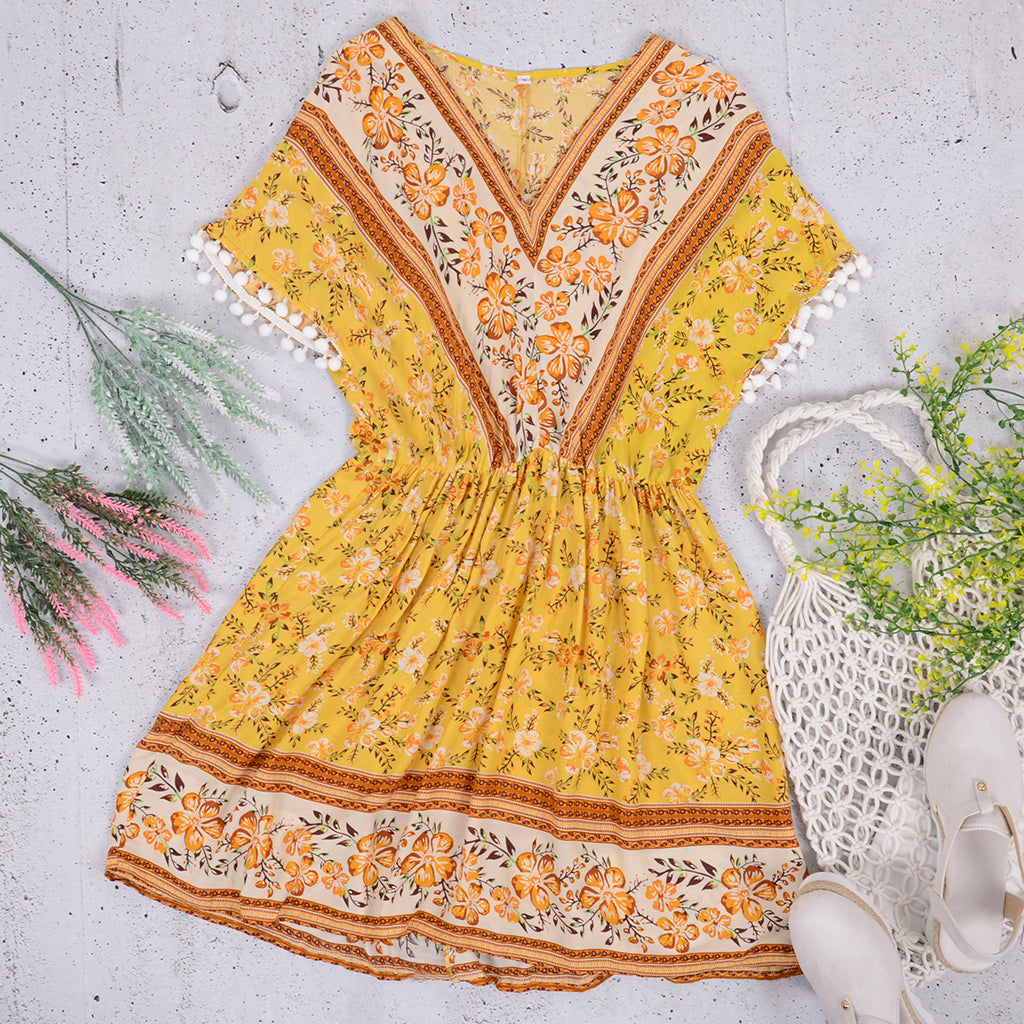V-Neck Printed Dress with Gathered Details