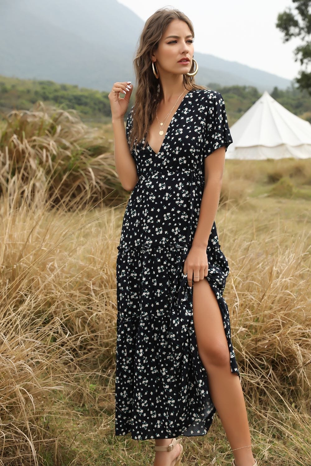 Ruffled Maxi Dress with Waist Tie