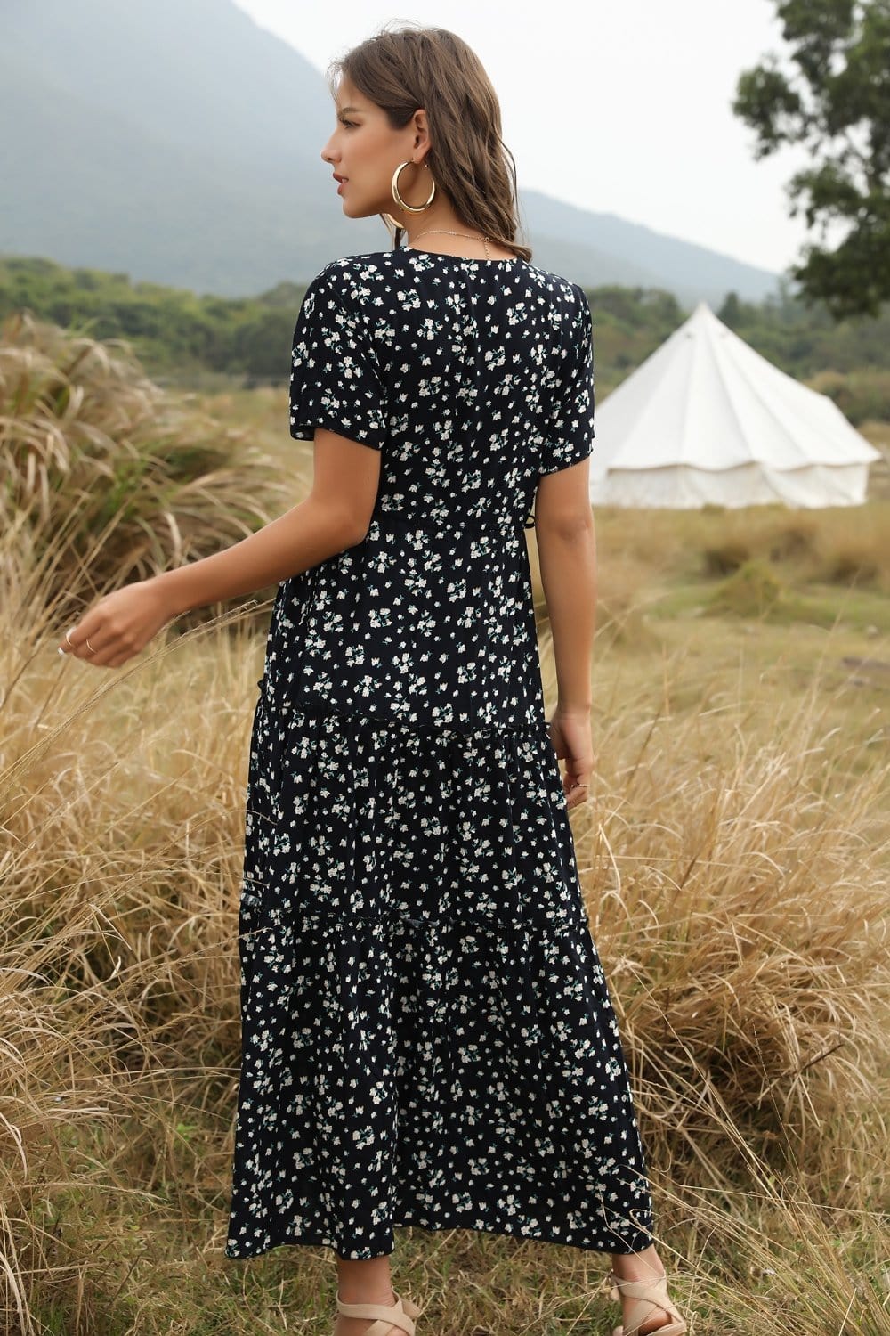 Ruffled Maxi Dress with Waist Tie