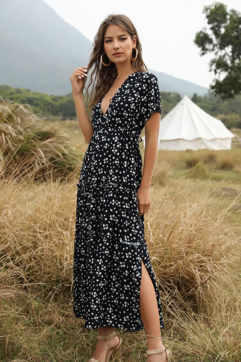 Ruffled Maxi Dress with Waist Tie
