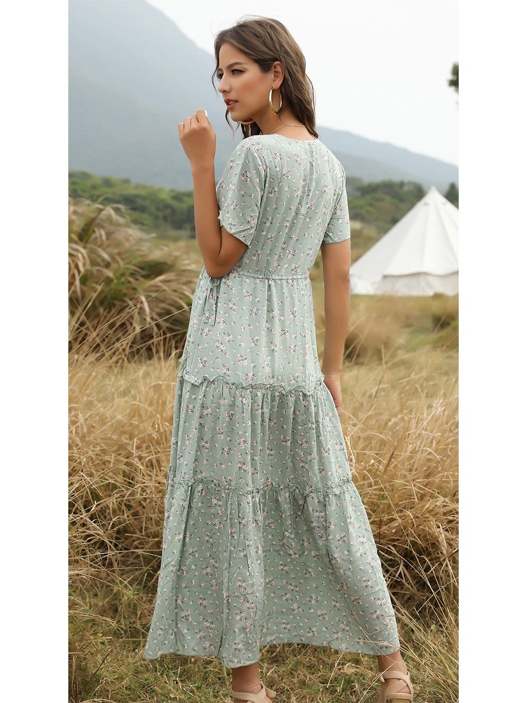 Ruffled Maxi Dress with Waist Tie