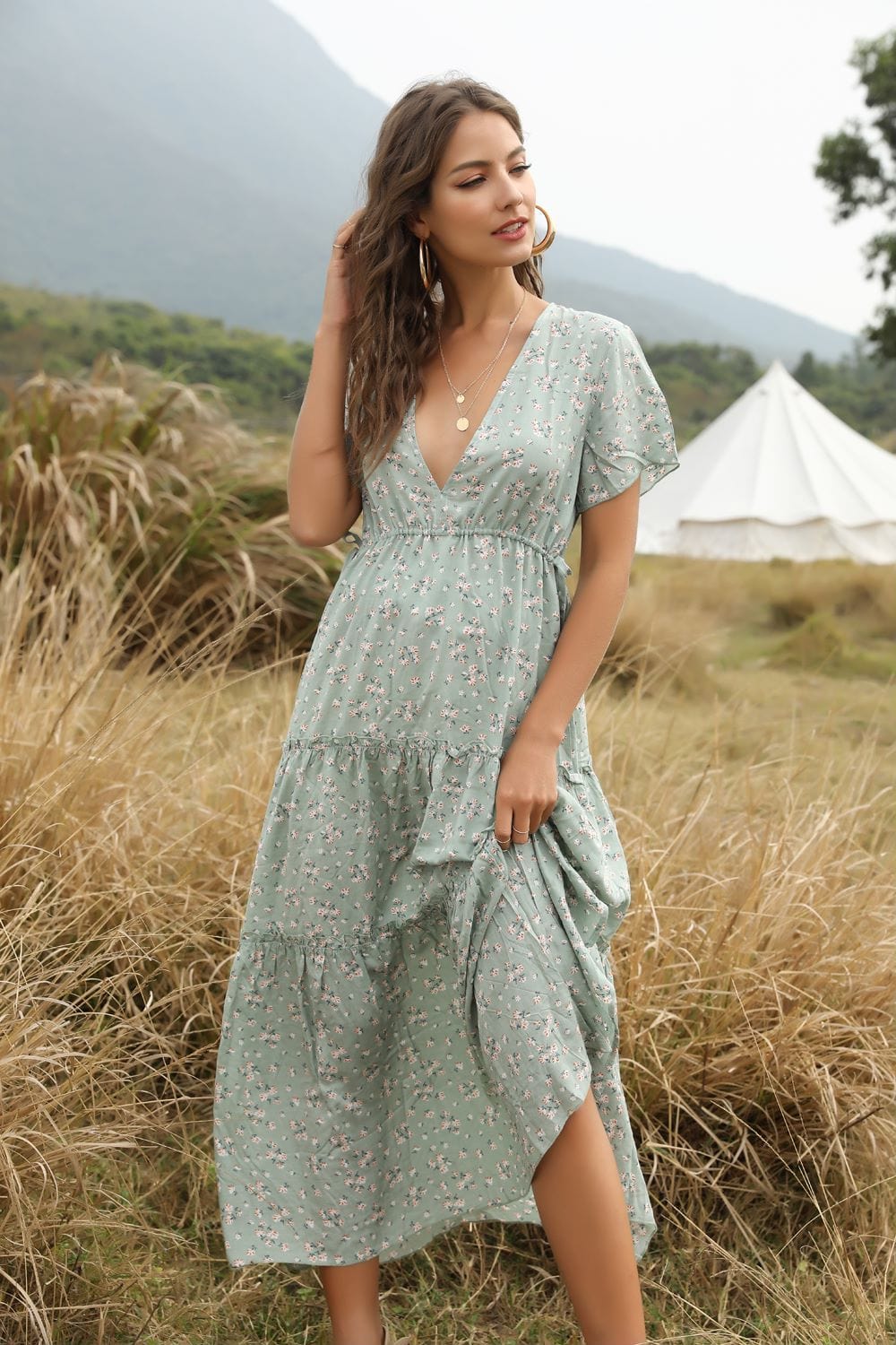 Ruffled Maxi Dress with Waist Tie
