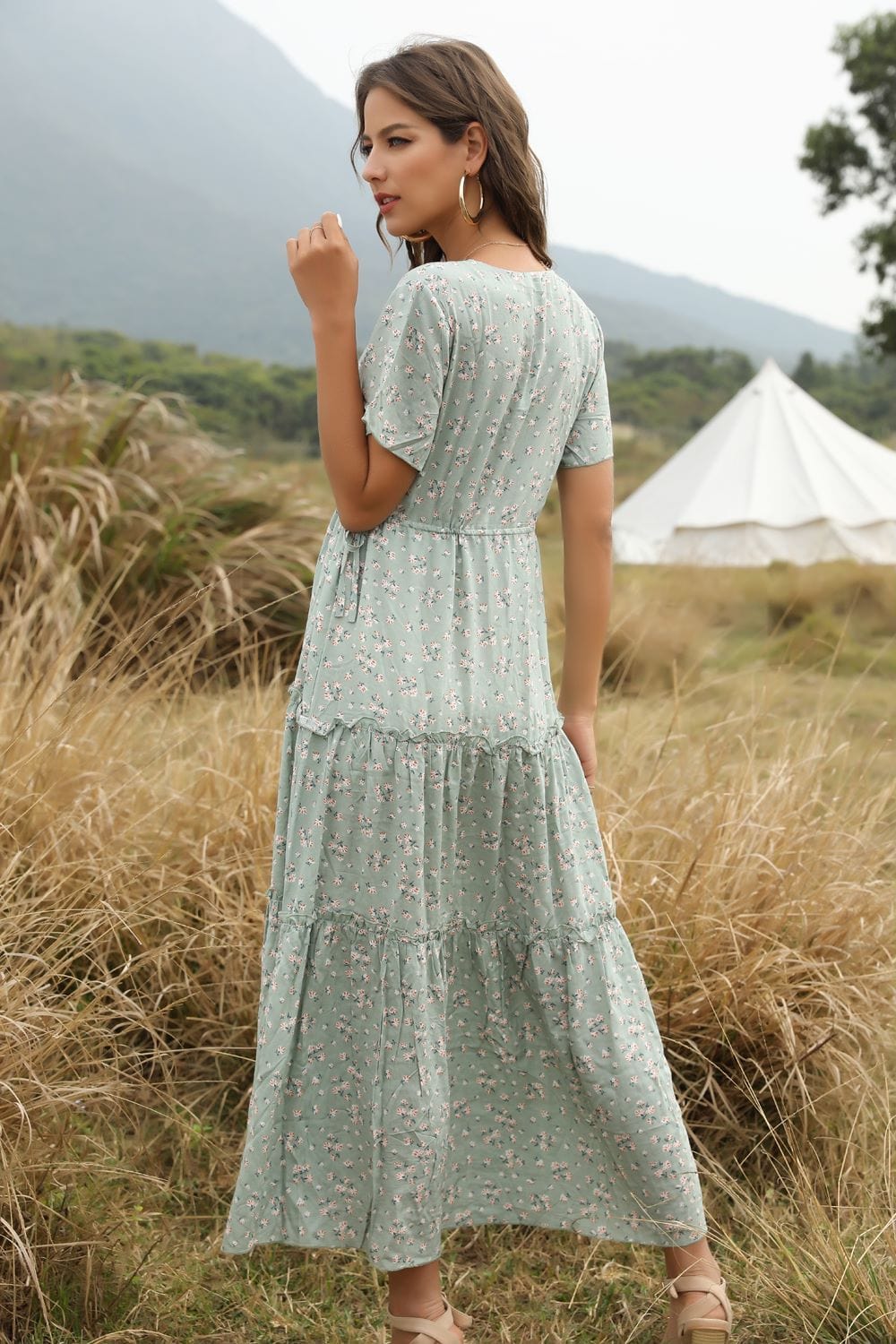 Ruffled Maxi Dress with Waist Tie