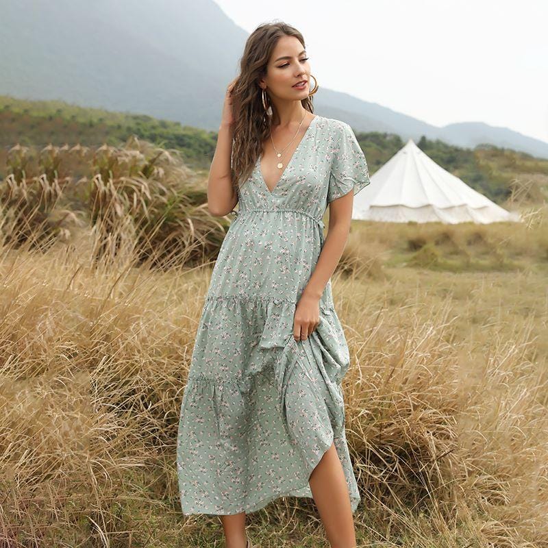 Ruffled Maxi Dress with Waist Tie
