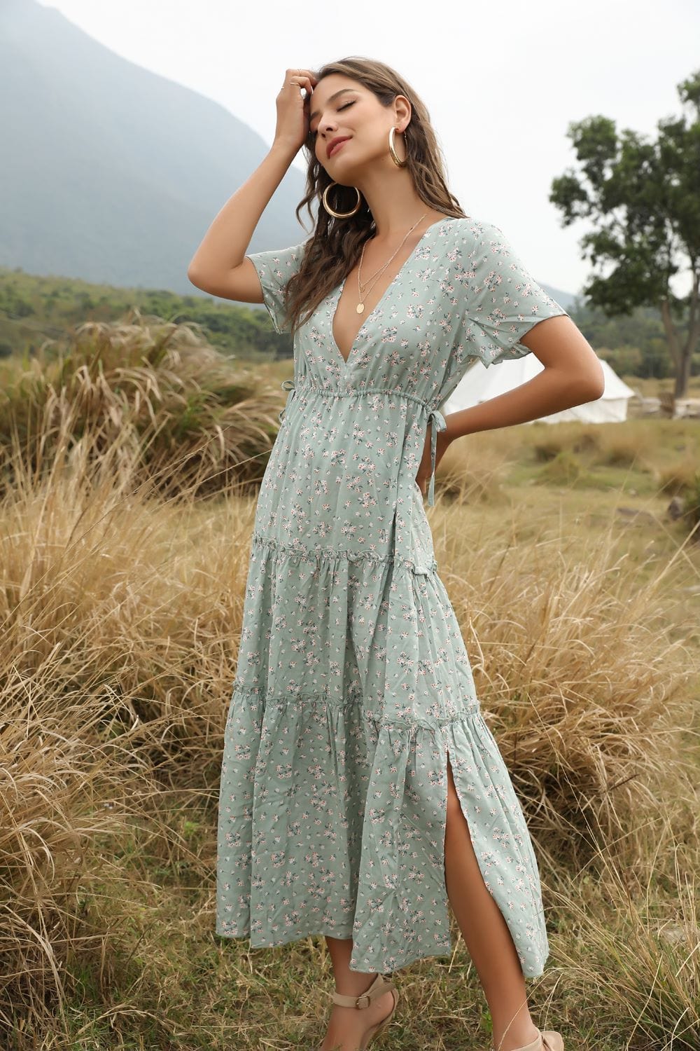 Ruffled Maxi Dress with Waist Tie
