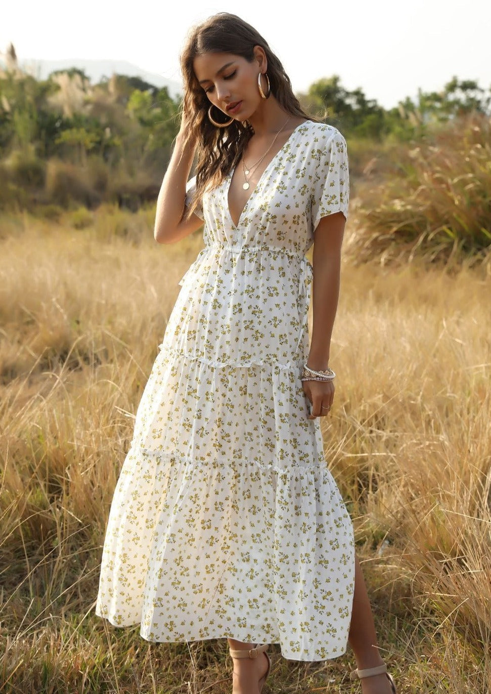 Ruffled Maxi Dress with Waist Tie