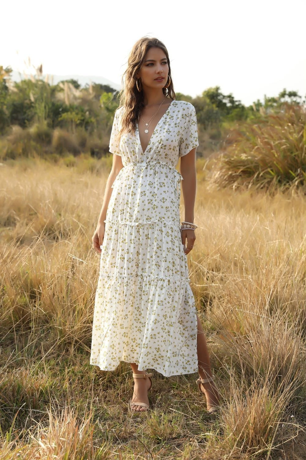 Ruffled Maxi Dress with Waist Tie