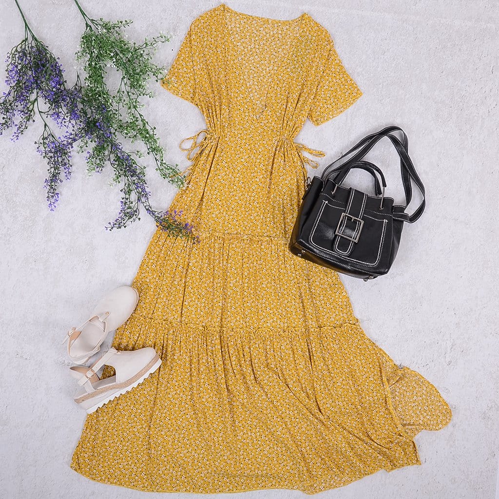 Ruffled Maxi Dress with Waist Tie