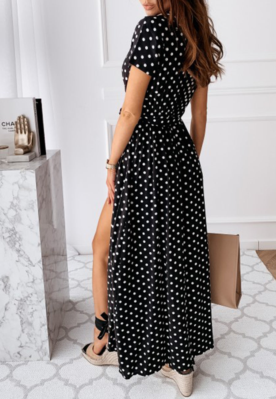 Wrap-Style Printed Maxi Dress with Waist Tie