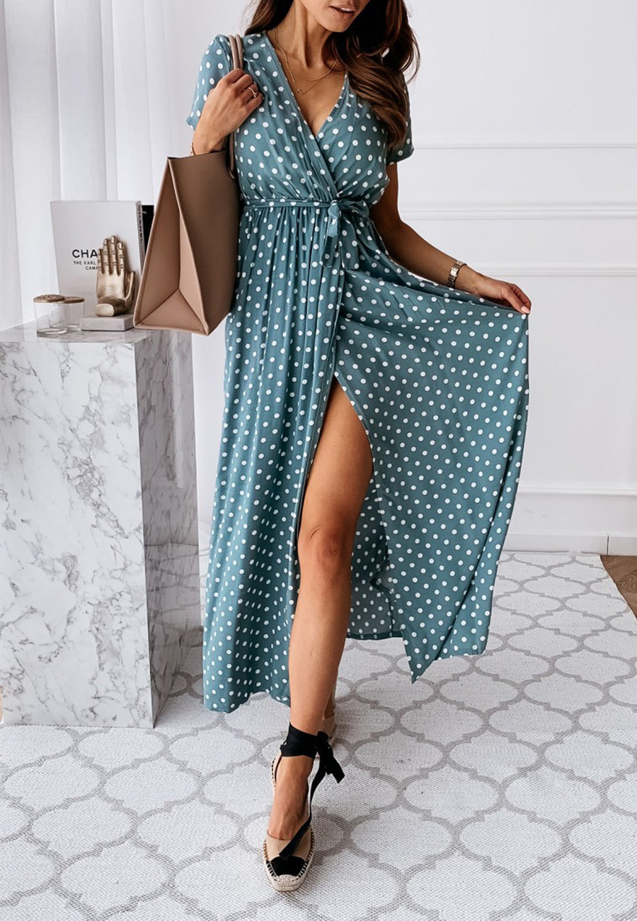 Wrap-Style Printed Maxi Dress with Waist Tie