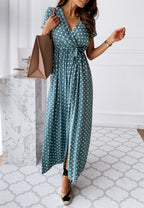 Wrap-Style Printed Maxi Dress with Waist Tie