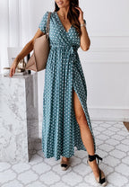 Wrap-Style Printed Maxi Dress with Waist Tie